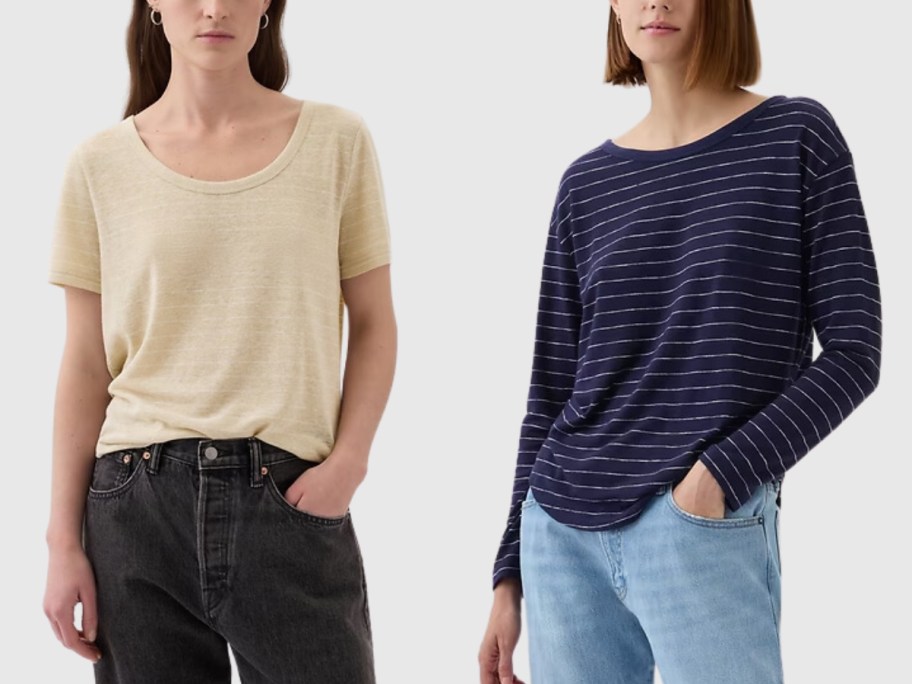 woman wearing a tan tshirt and woman wearing a blue striped long sleeve tshirt