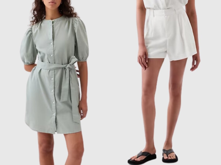 woman wearing a light sage green linen tie dress and woman's legs wearing off white linen shorts