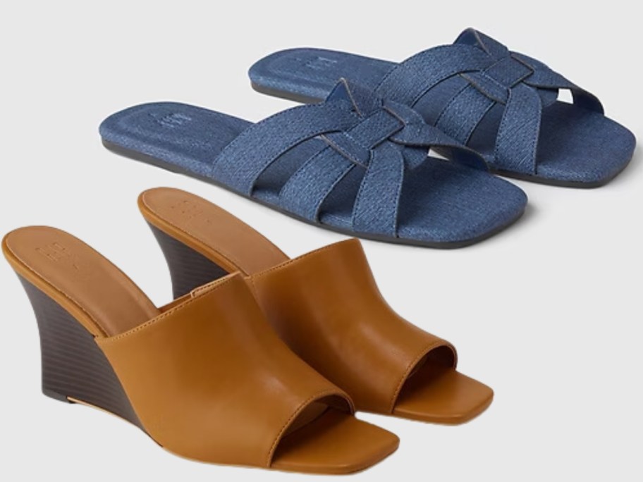 women's denim blue flat sandals and women's tan wedge heels