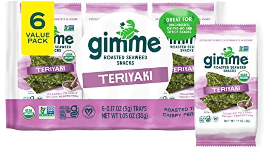 purple pack of gimMe Organic Roasted Seaweed Sheets in teriyaki flavor