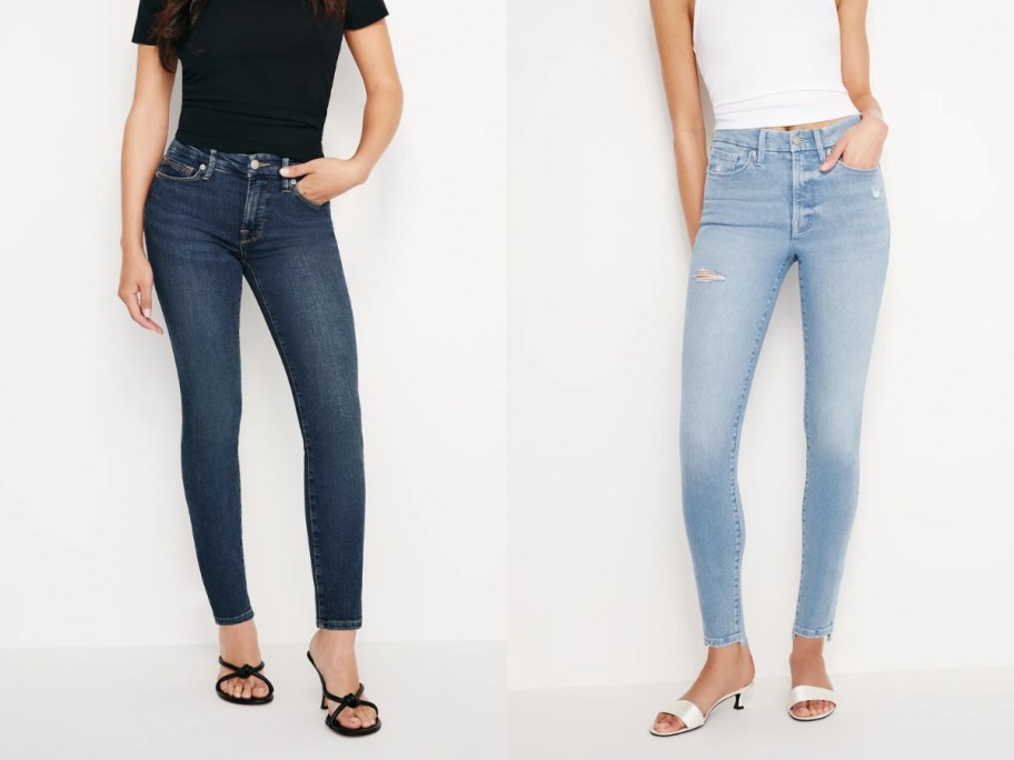 woman wearing dark wash jeans and a black top next to a woman waring light wash jeans and a white top