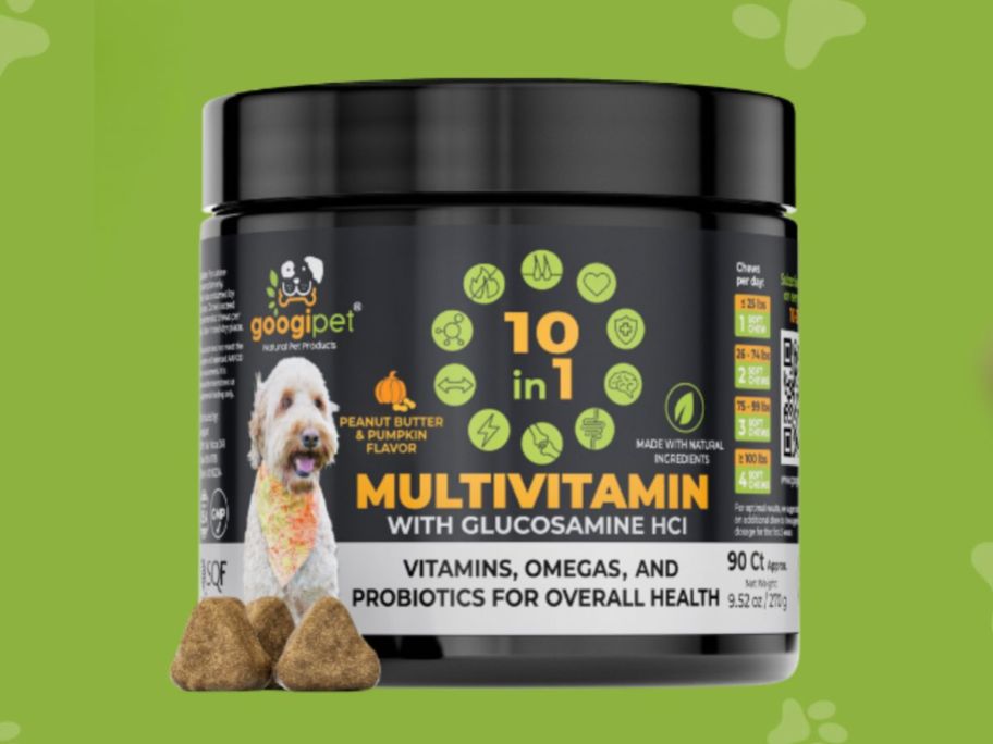 jar of dog multivitamins on green background