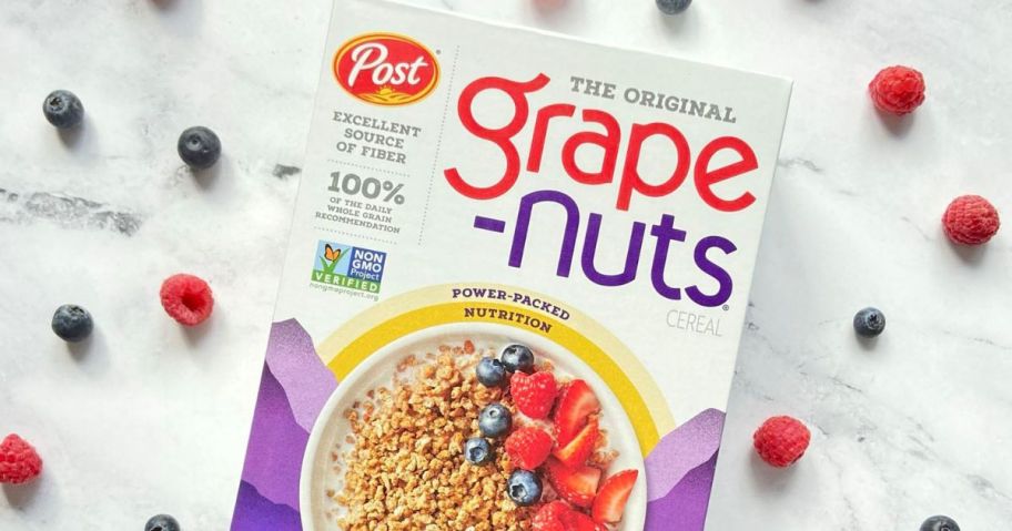Post Grape-Nuts Cereal 20.5oz Box with berries around it