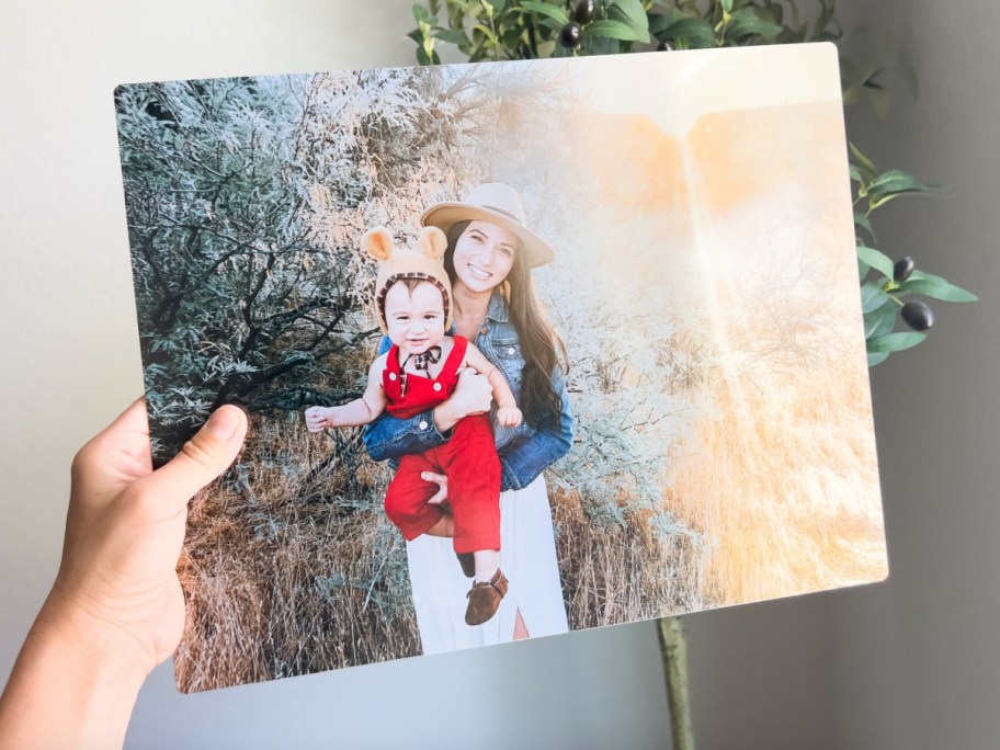 hand holding metal photos with plant behind it