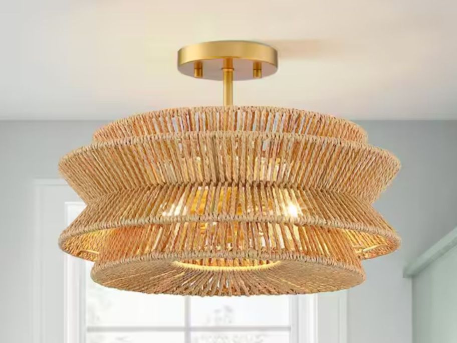 rattan and gold metal ceiling light fixture