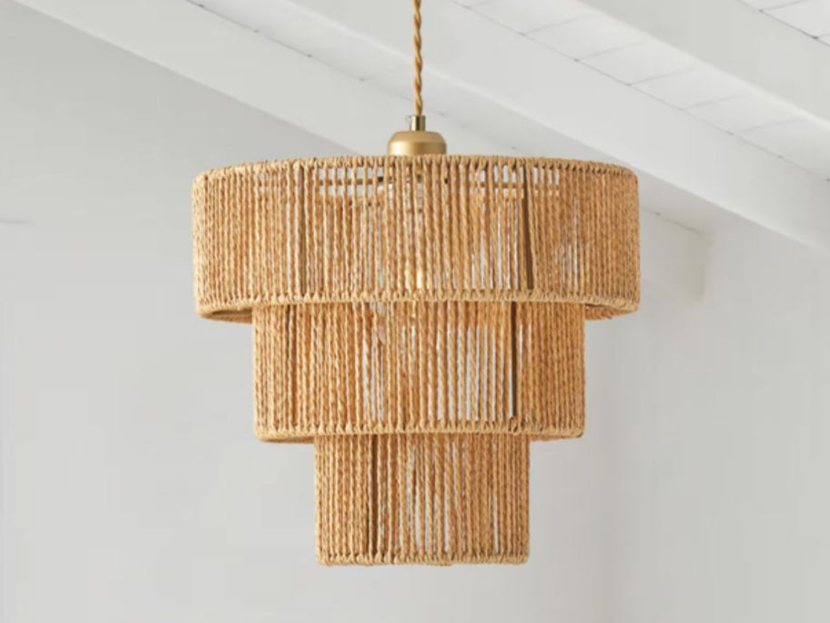 rattan and gold 3 tier drum style ceiling light fixture