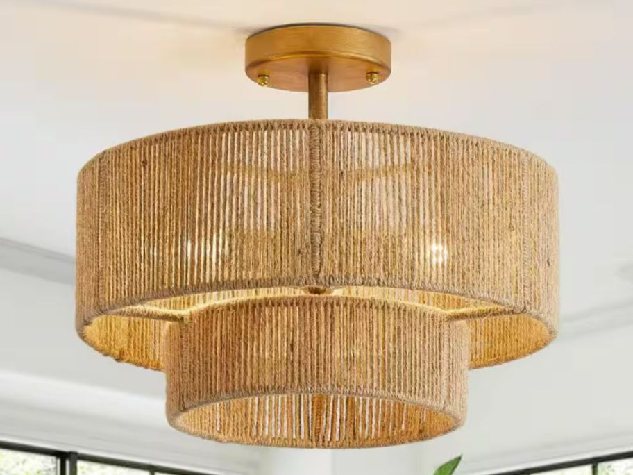rattan and gold 2 tier drum style large ceiling light fixture
