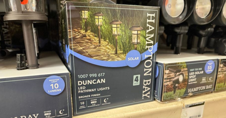 home depot solar lights box on store shelf
