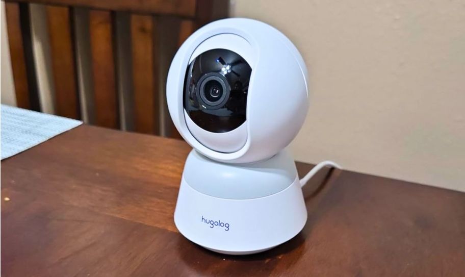 an indoor security camera on a table top