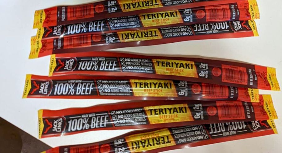 jack links teriyaki beef sticks packages on a white kitchen counter