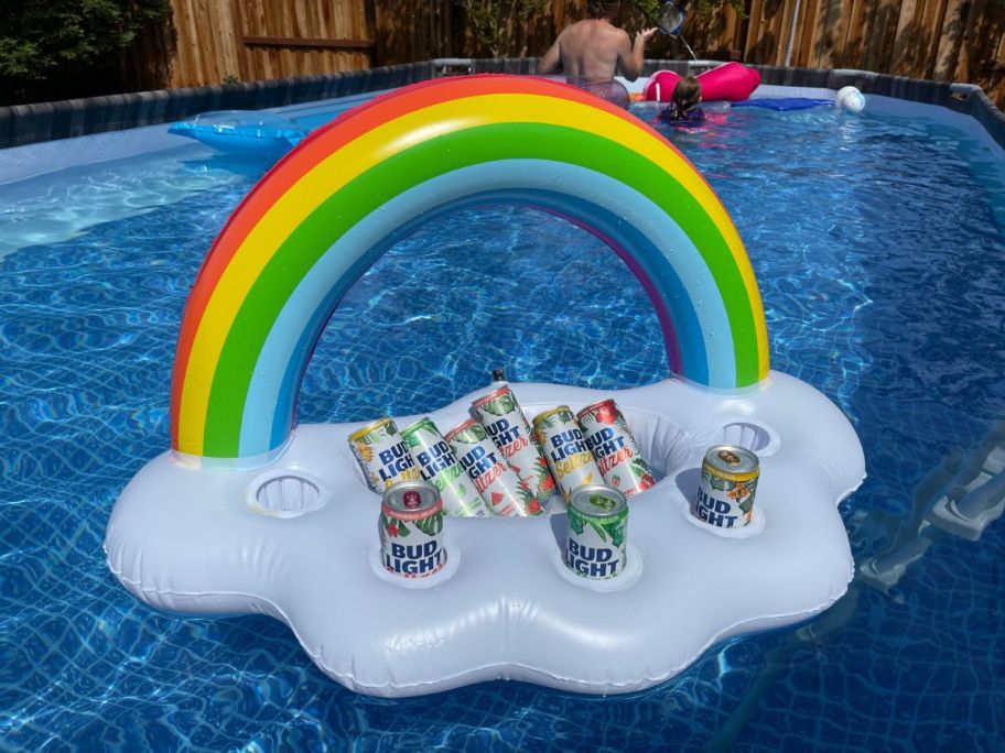 rainbow cloud cooler in pool with drinks inside