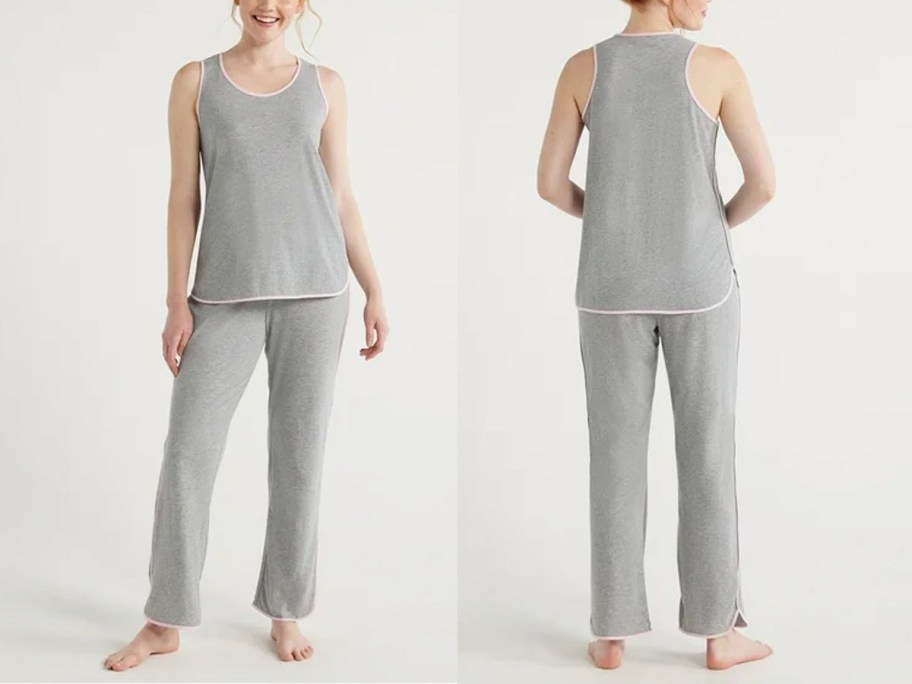 front and back image of woman wearing gray tank and pants pajamas 