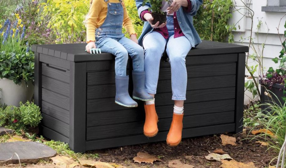 a girl and a woman sitting on top of a 165 gallon deck box, in a backyard