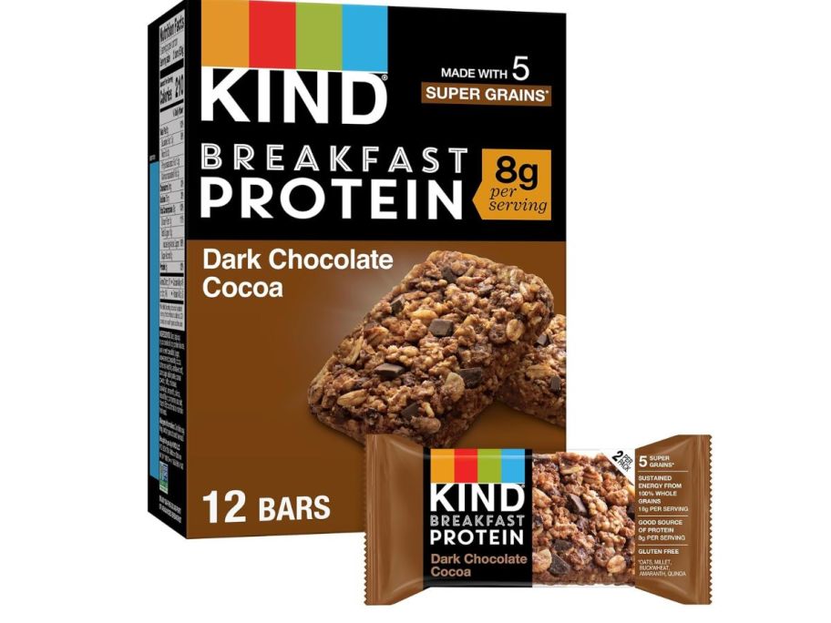 box of KIND Breakfast Protein Dark Chocolate Bars with 1 bar in front of it