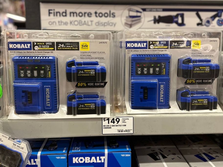 2 battery 2 packs on a store shelf in a Lowes
