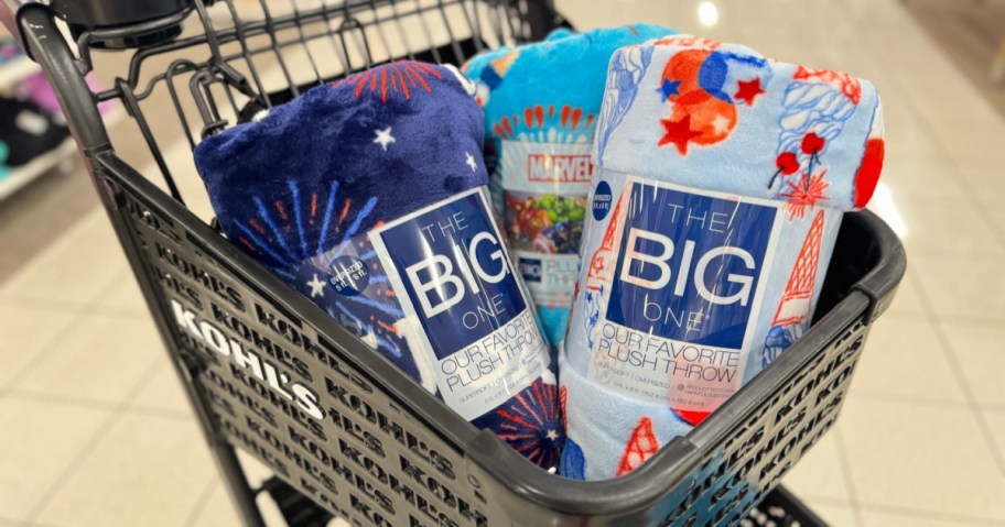 three big one throw blankets in patriotic prints in a kohls shopping cart