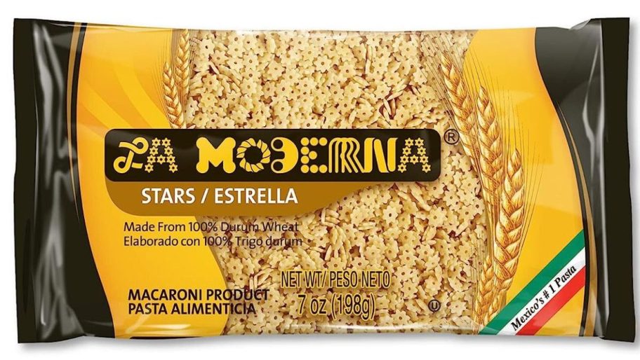 La Moderna Stars Pasta, Noodles, Durum Wheat, Protein, Fiber, Vitamins, 7 Oz stock image