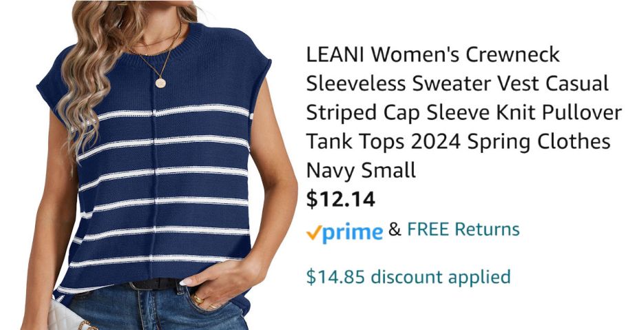 woman wearing striped shirt next to Amazon pricing information
