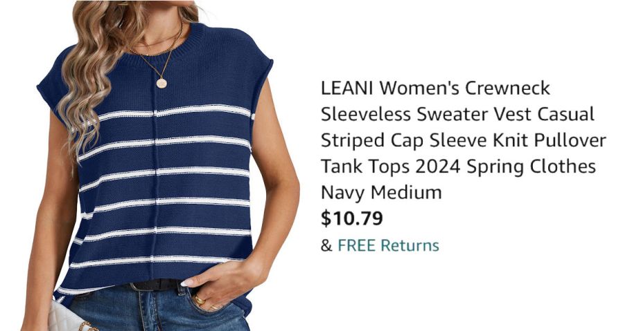 woman wearing striped sweater next to Amazon pricing information