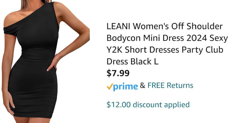 woman wearing black mini dress next to Amazon pricing information