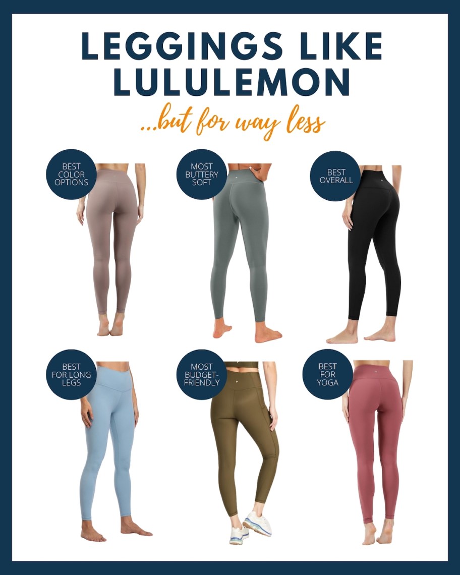 graphic collage of six different kinds of leggings like lululemon
