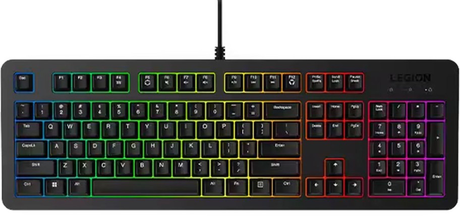 black keyboard with rainbow colored LED lights
