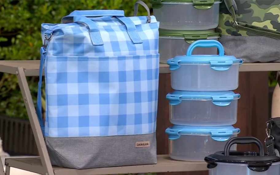 blue gingham tote bag with storage containers