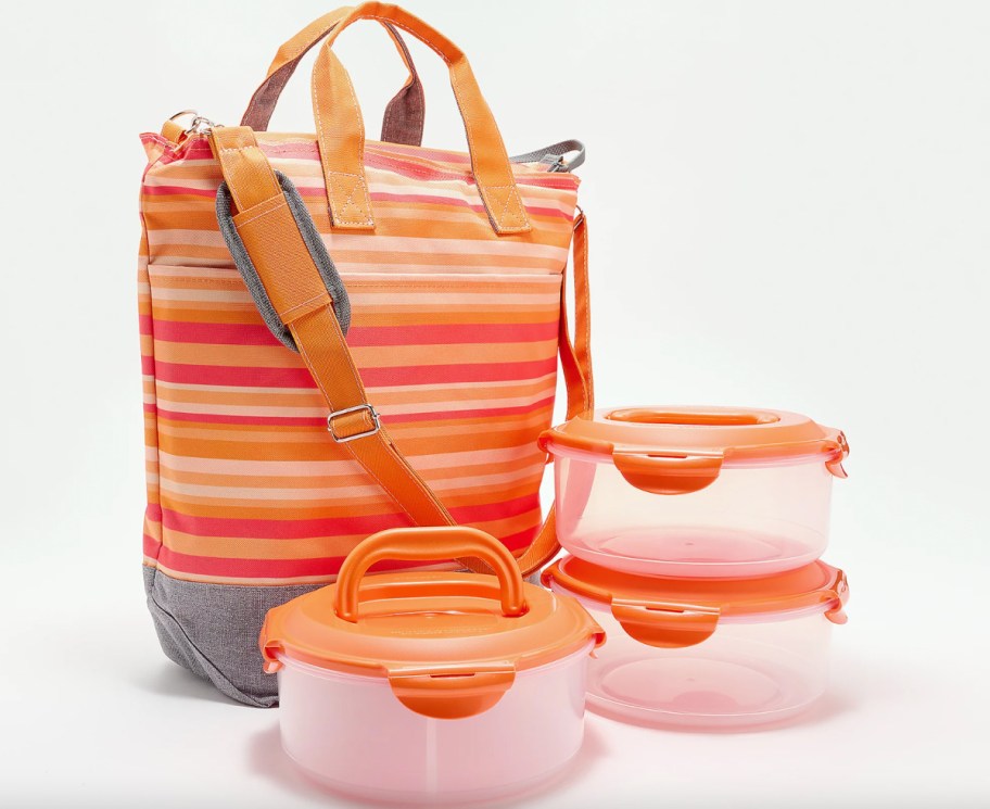 orange striped tote bag with storage containers