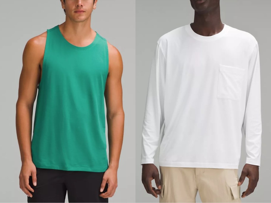 man wearing green tank top and man wearing long sleeve white tee