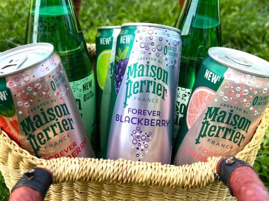 A basket filled with Perrier Sparkling Waters