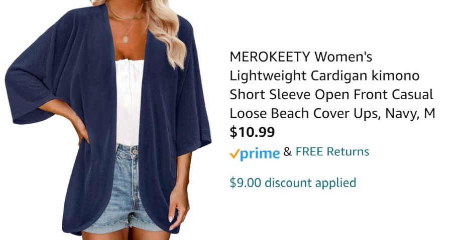 woman wearing navy kimono next to Amazon pricing information