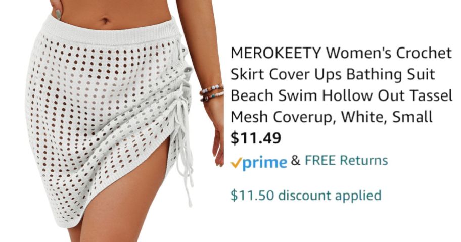 woman wearing white swim skirt next to Amazon pricing information