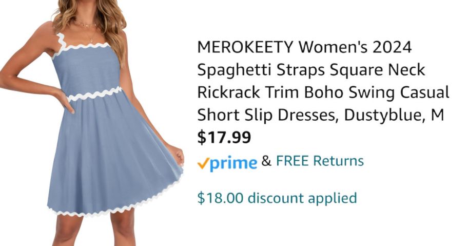 woman wearing blue sundress next to Amazon pricing information