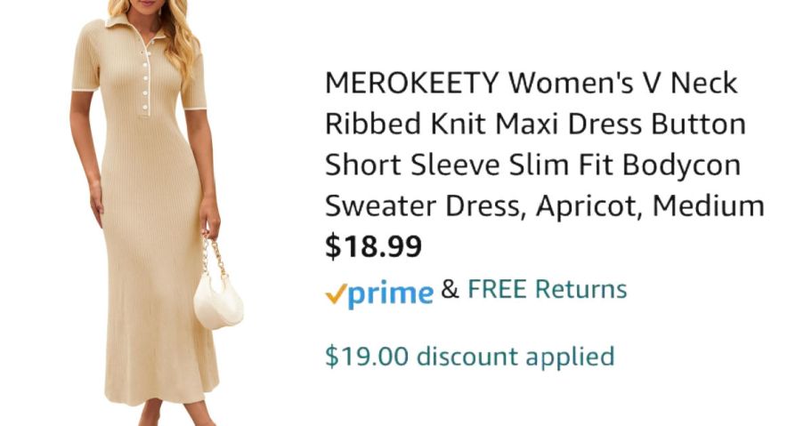 woman wearing beige dress next to Amazon pricing information