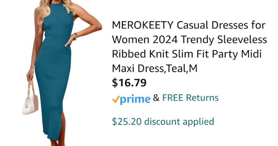 woman wearing teal dress next to Amazon pricing information