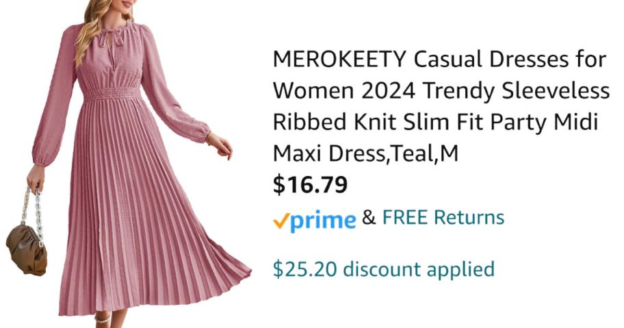 woman wearing a pink dress next to Amazon pricing information