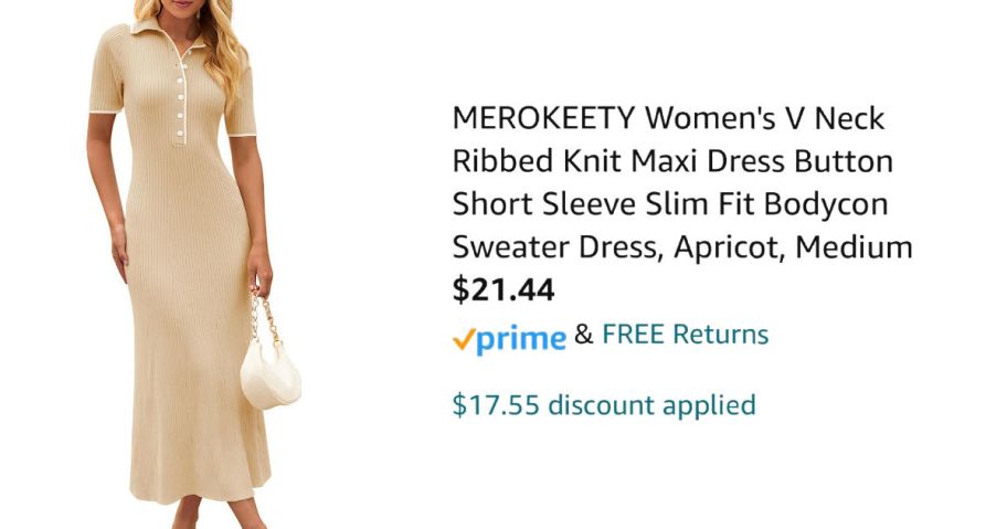 woman wearing tan dress next to Amazon pricing information