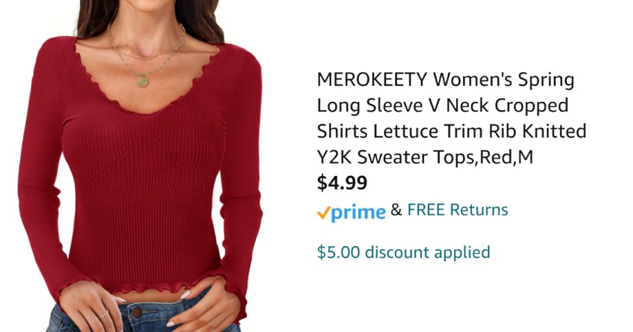 woman wearing red shirt next to Amazon pricing information