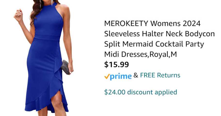 woman wearing blue dress next to Amazon pricing information