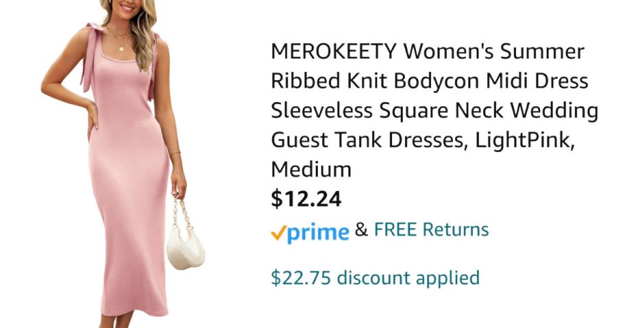 woman wearing pink dress next to Amazon pricing information