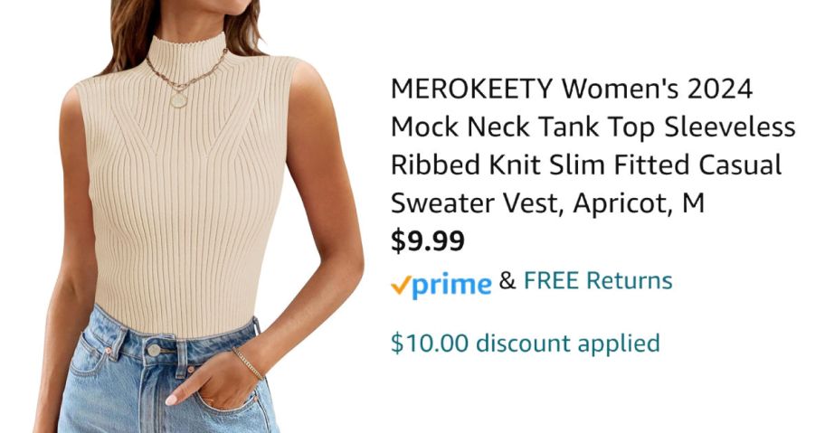 woman wearing beige tank top next to Amazon pricing information