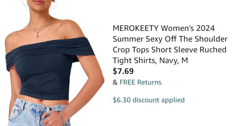 woman wearing off-shoulder shirt next to Amazon pricing information