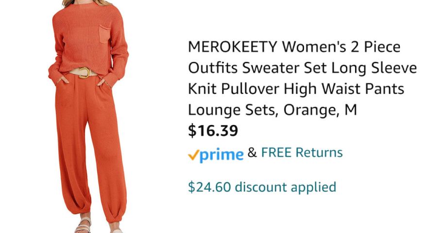 woman wearing orange outfit next to Amazon pricing information