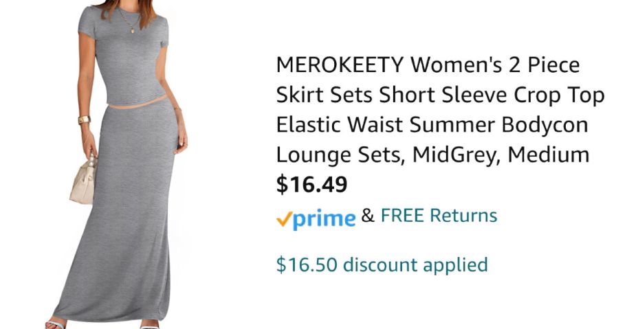 woman wearing gray 2-piece outfit next to pricing information