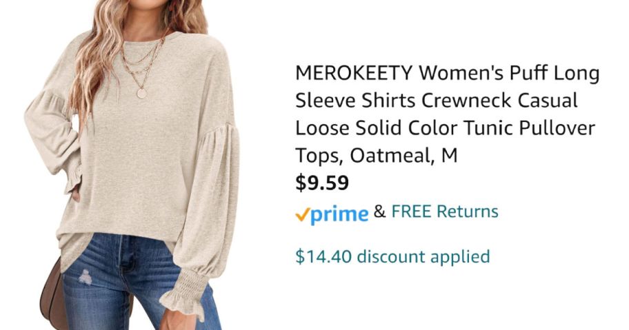 woman wearing beige shirt next to Amazon pricing information