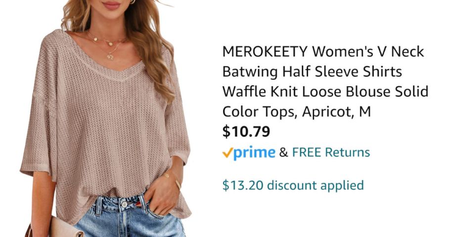 woman wearing tan shirt next to Amazon pricing information