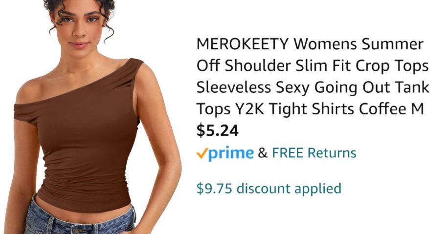 woman wearing brown crop top next to Amazon pricing information