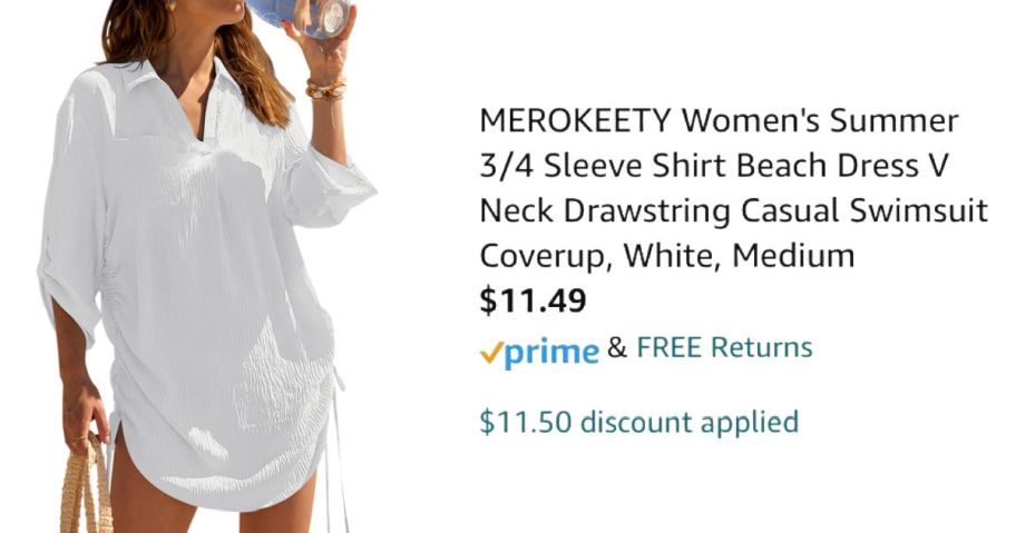 woman wearing white shirt dress next to Amazon pricing information