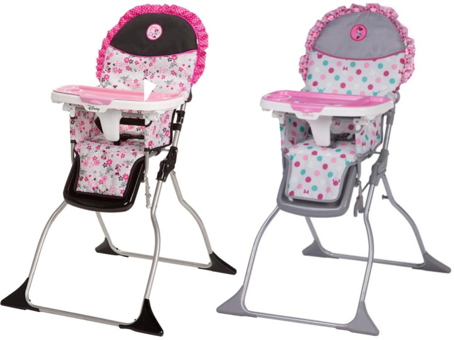 brown and pink and gray and pink minnie mouse highchairs