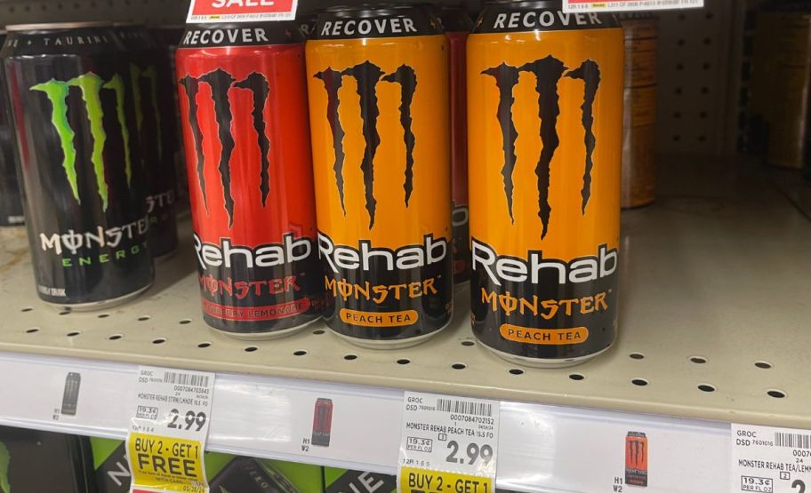 monster rehab drinks on store shelf